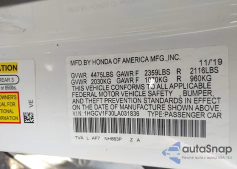 2020 Honda Accord Sport из США, поврежденный, VIN 1HGCV1F30LA031836